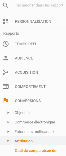 menu outil de comparaison de modèle d'attribution